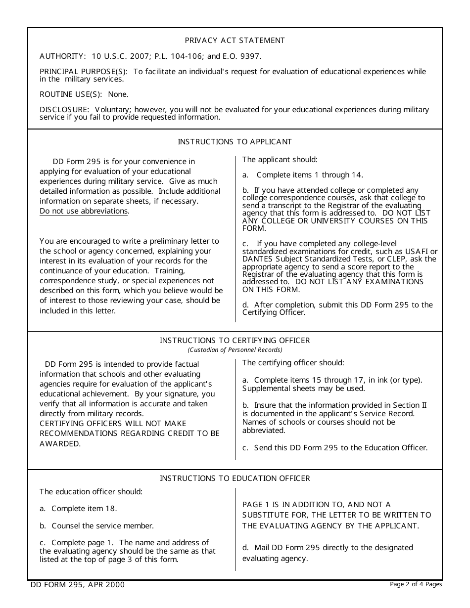 DD Form 295 Application for the Evaluation of Learning Experiences During Military Service, Page 2