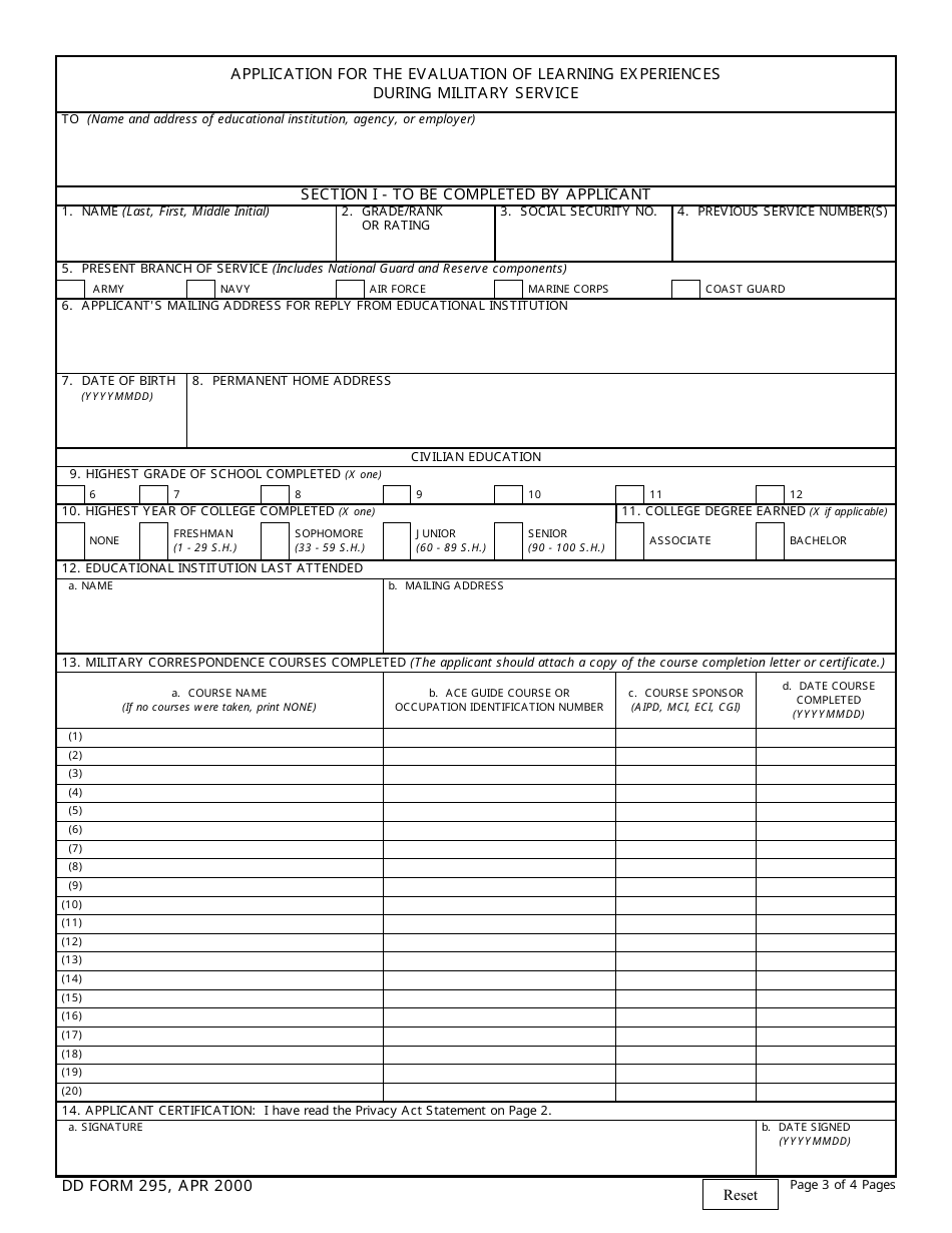 DD Form 295 Application for the Evaluation of Learning Experiences During Military Service, Page 3