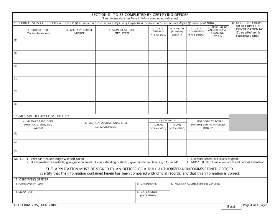 DD Form 295 Application for the Evaluation of Learning Experiences During Military Service, Page 4