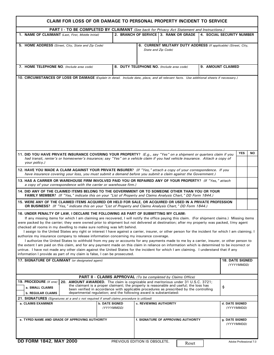 DD Form 1842 Claim for Loss of or Damage to Personal Property Incident to Service, Page 1