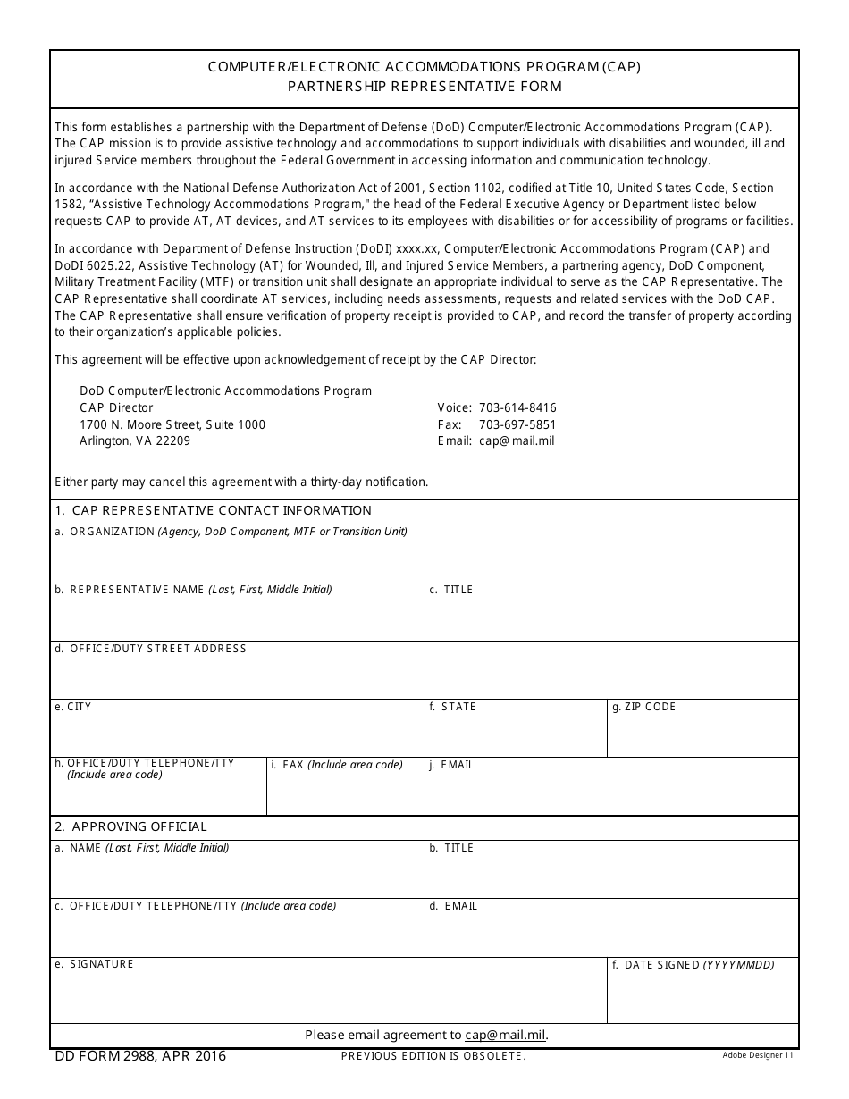 DD Form 2988 Computer / Electronic Accommodations Program (CAP) Partnership Representative Form, Page 1
