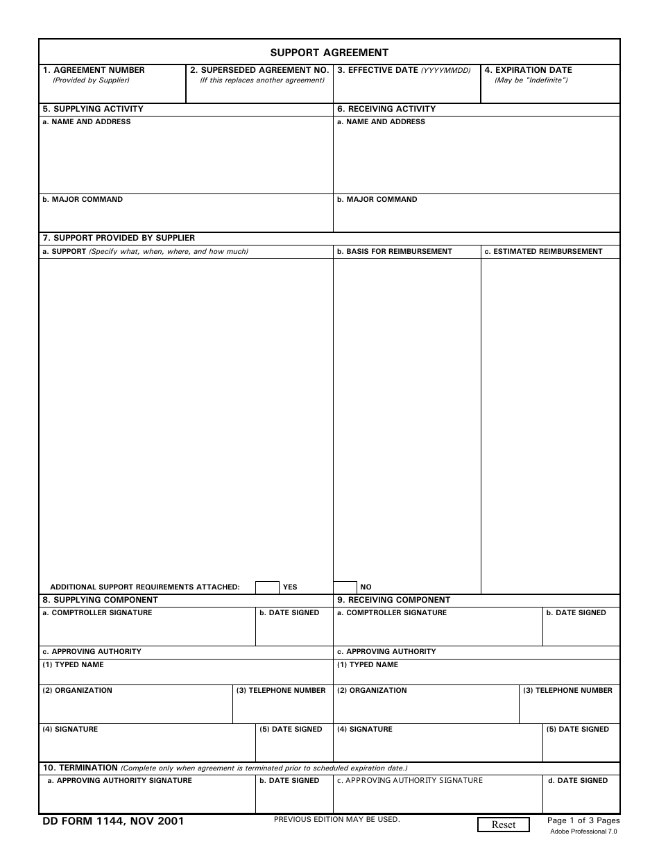 DD Form 1144 Support Agreement, Page 1