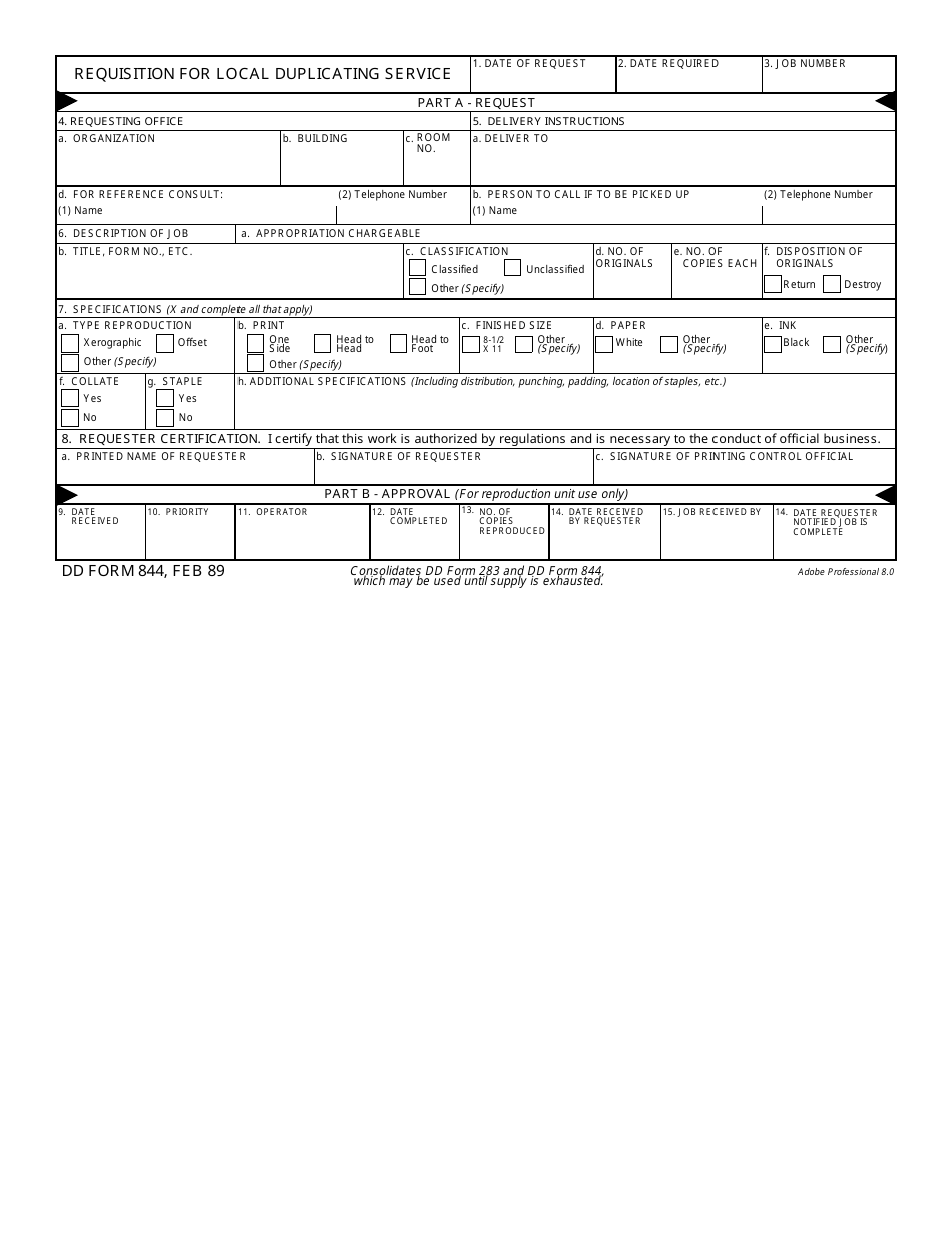 DD Form 844 Requisition for Local Duplicating Service, Page 1
