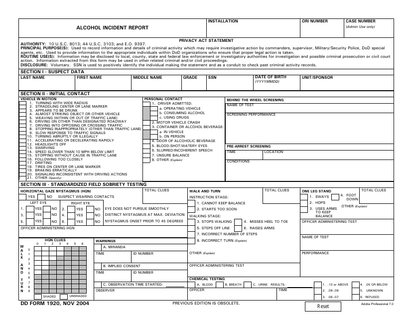 DD Form 1920 Alcohol Incident Report