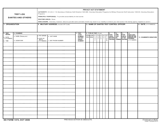 DD Form 1572 Download Fillable PDF or Fill Online Test Log Dantes and ...