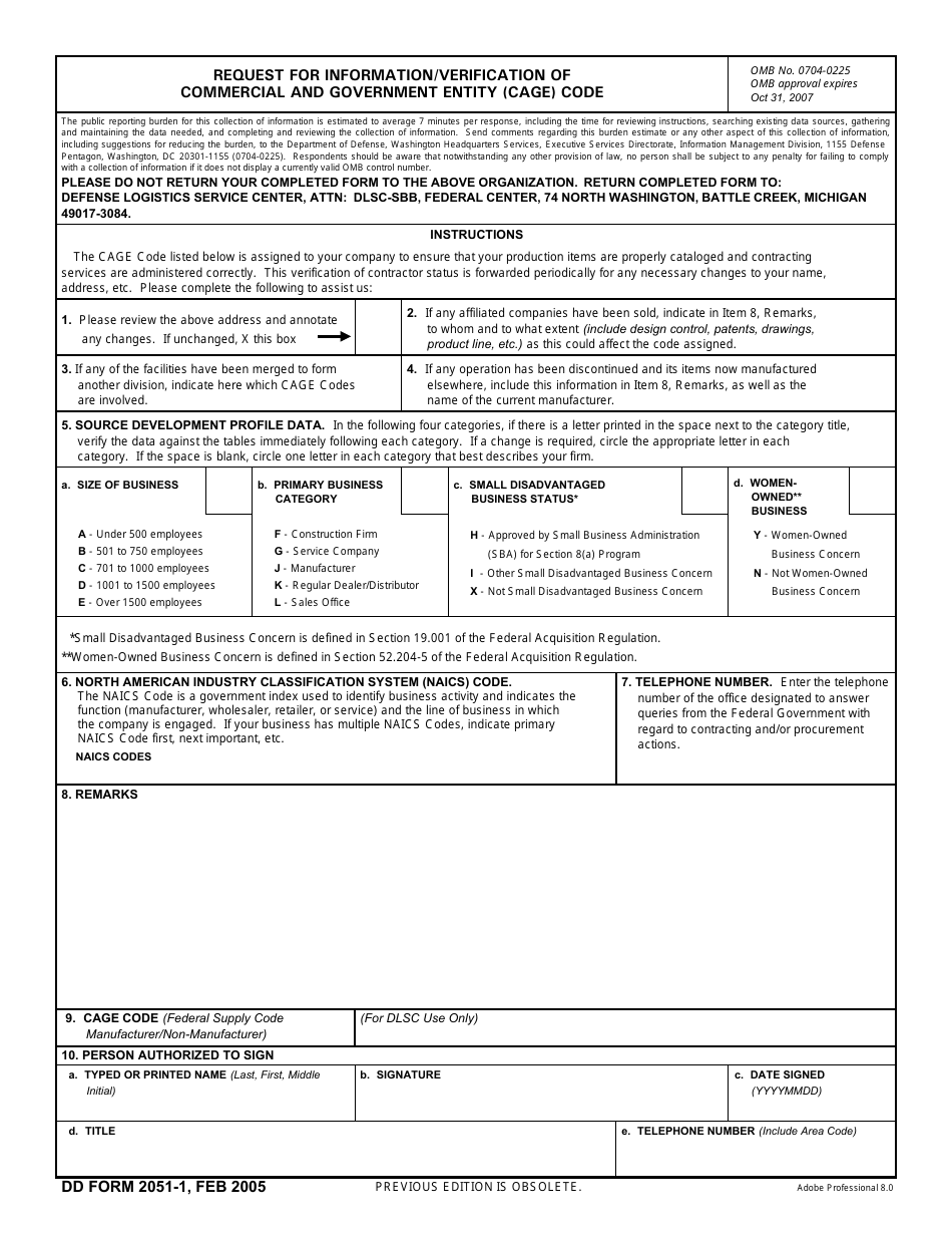 DD Form 2051-1 Request for Information / Verification of Commercial and Government Entity (Cage) Code, Page 1