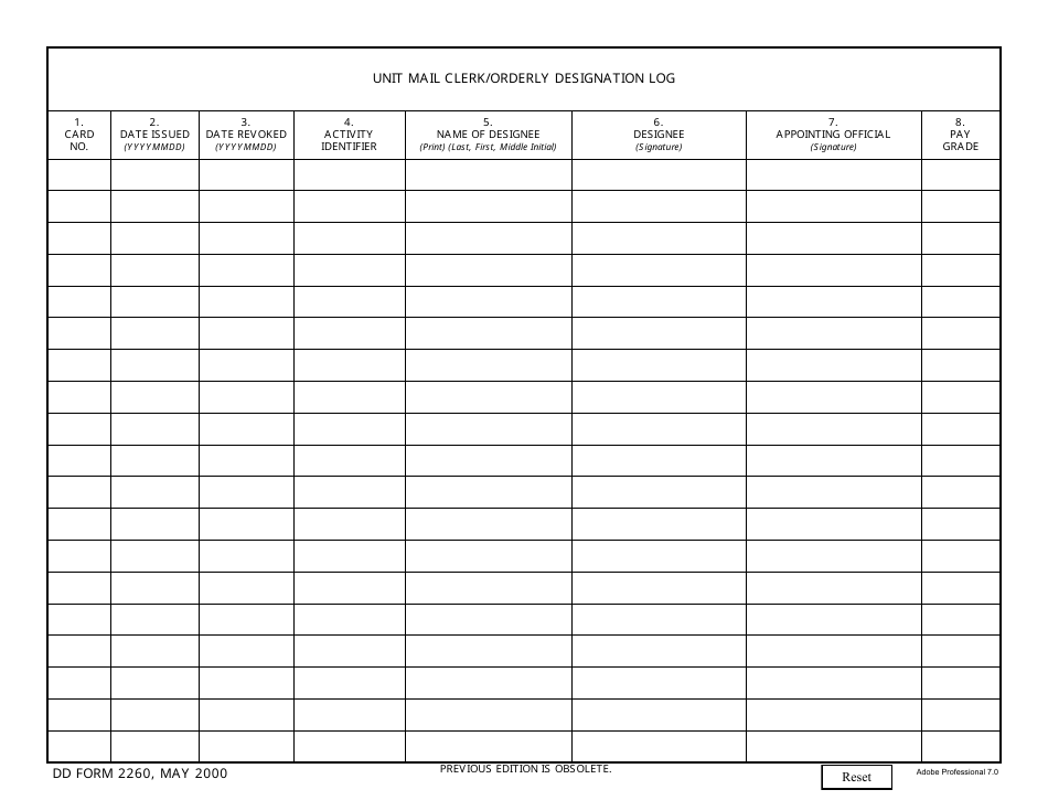DD Form 2260 Unit Mail-Clerk / Orderly Designation Log, Page 1