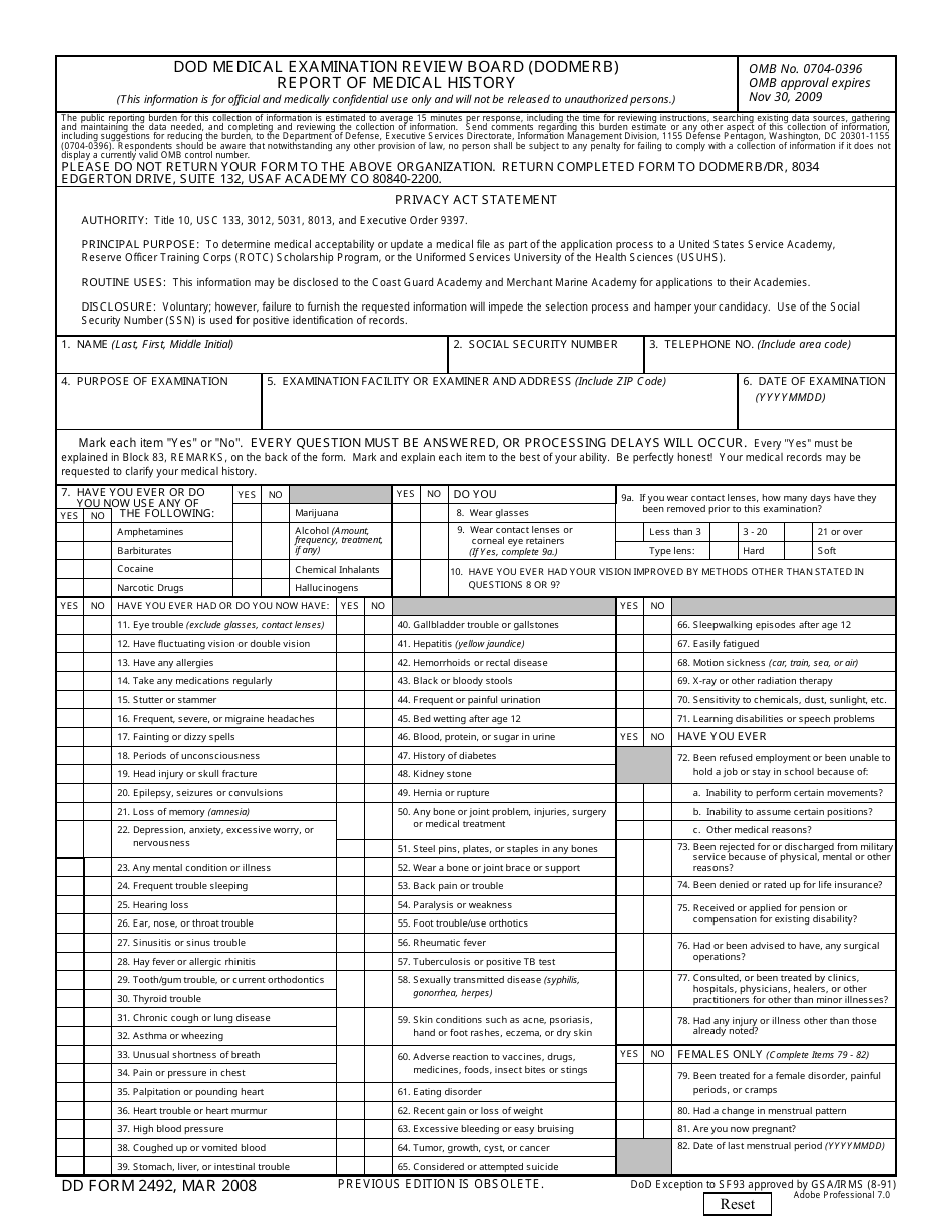 DD Form 2492 DoD Medical Examination Review Board (Dodmerb) Report of Medical History, Page 1
