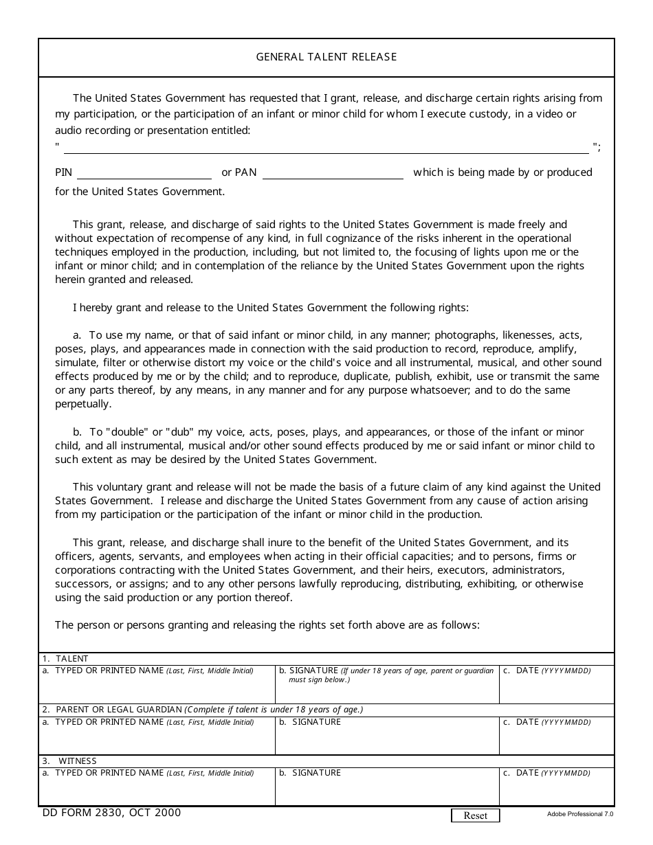 DD Form 2830 General Talent Release, Page 1