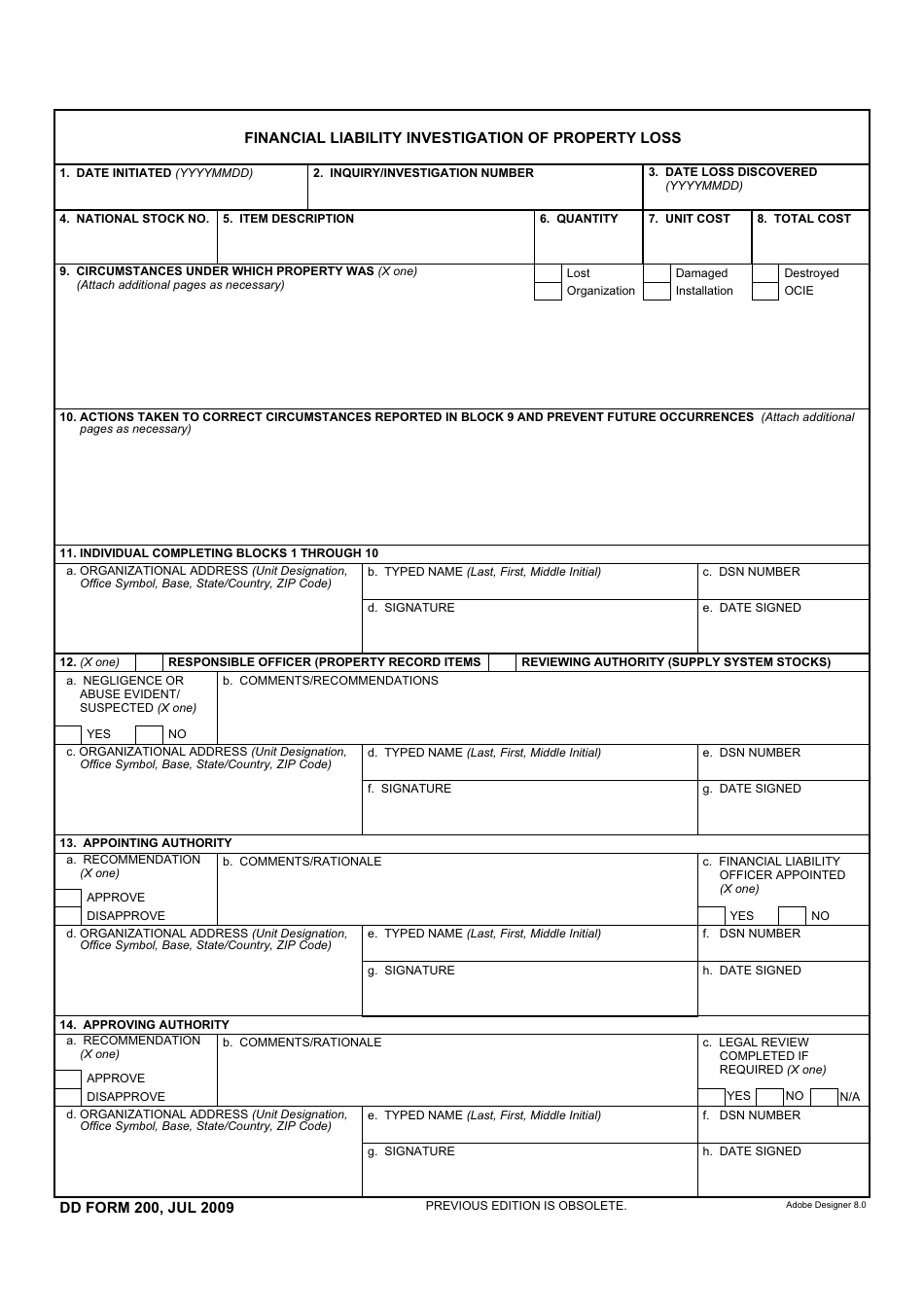 DD Form 200 Financial Liability Investigation of Property Loss, Page 1