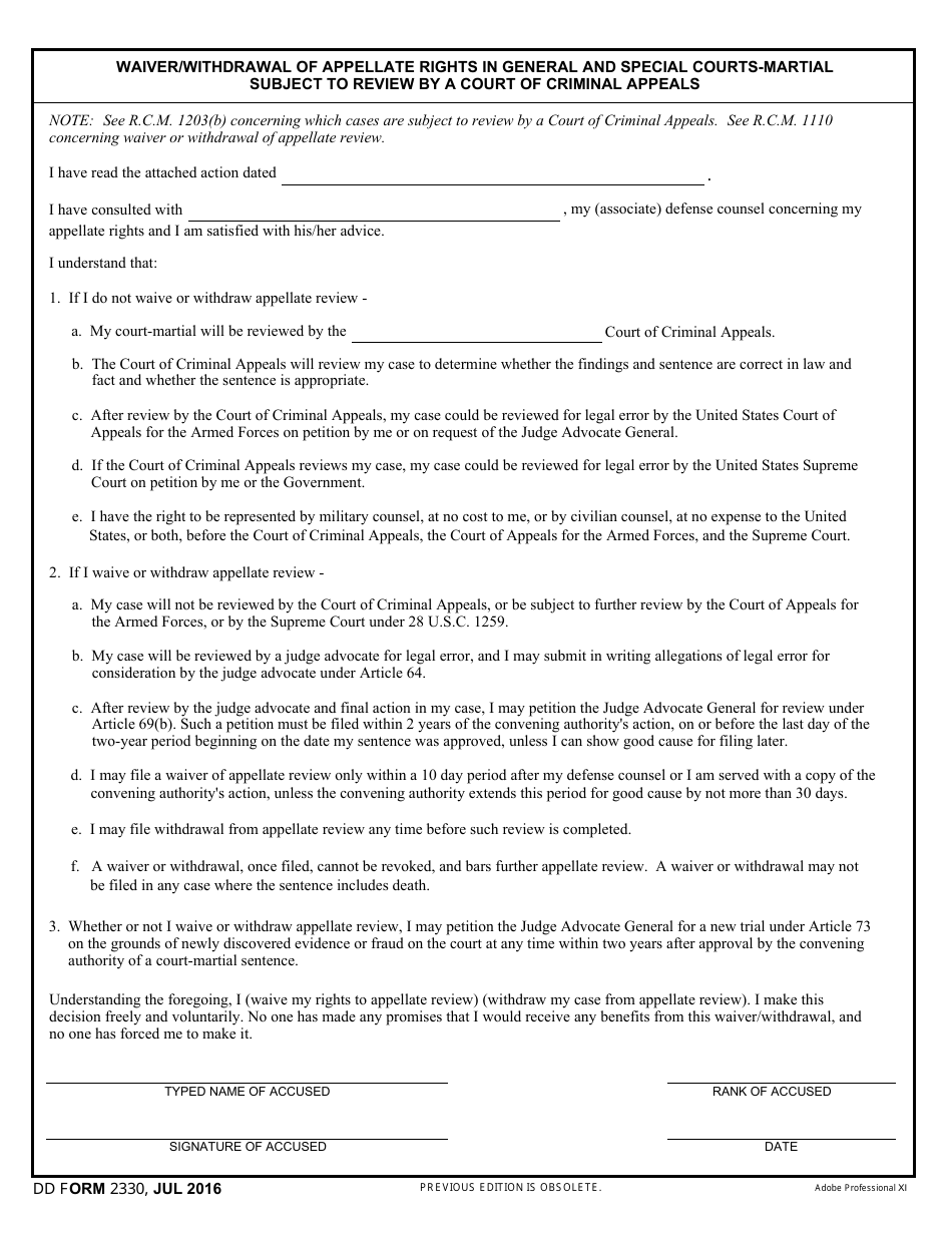 DD Form 2330 Waiver / Withdrawal of Appellate Rights in General and Special Courts-Martial, Subject to Review by a Court of Criminal Appeals, Page 1