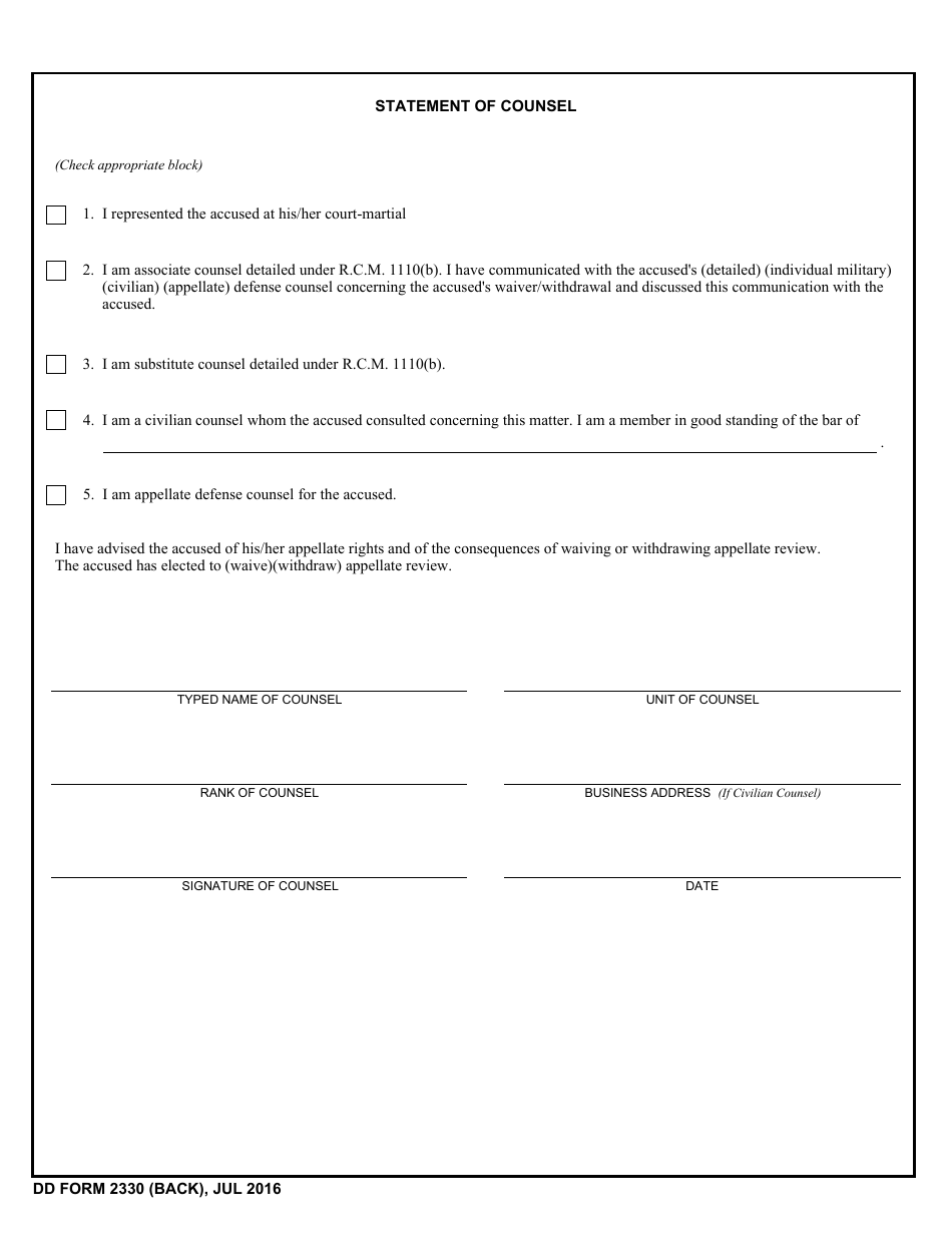 DD Form 2330 Waiver / Withdrawal of Appellate Rights in General and Special Courts-Martial, Subject to Review by a Court of Criminal Appeals, Page 2