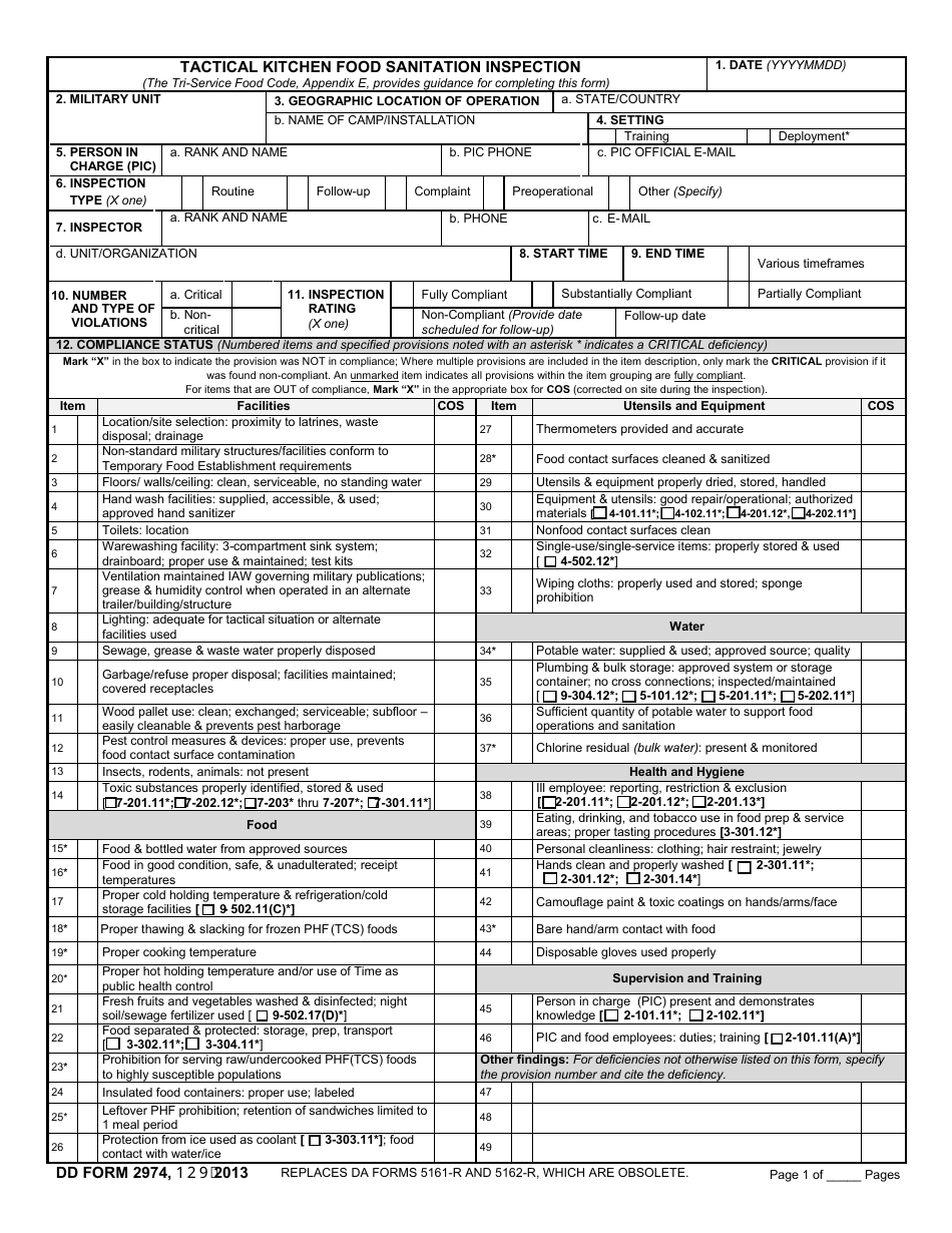 DD Form 2974 Tactical Kitchen Food Sanitation Inspection, Page 1