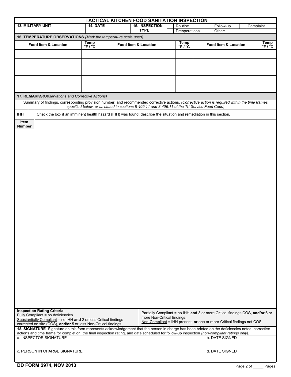 DD Form 2974 Tactical Kitchen Food Sanitation Inspection, Page 2
