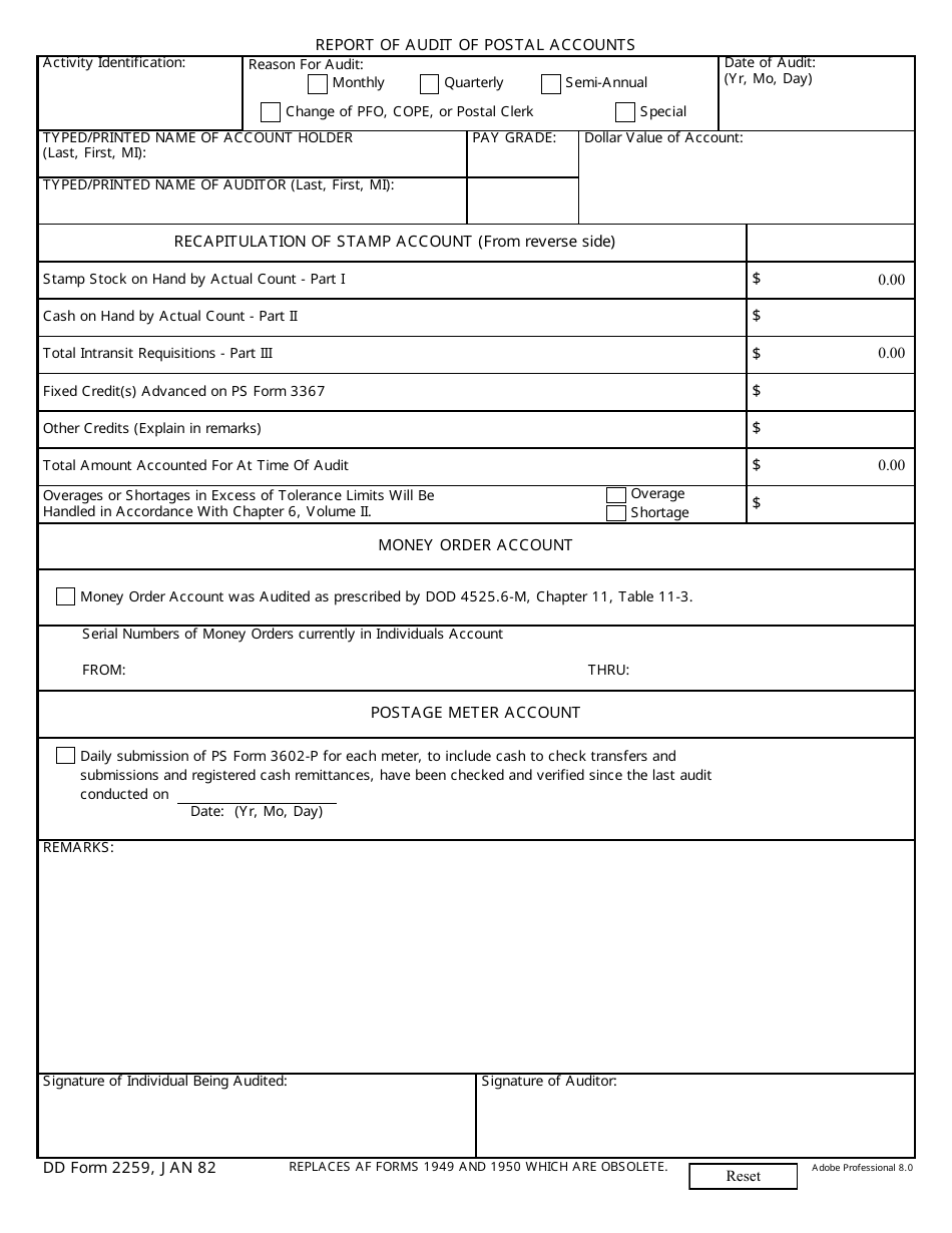 DD Form 2259 Report of Audit of Postal Accounts, Page 1