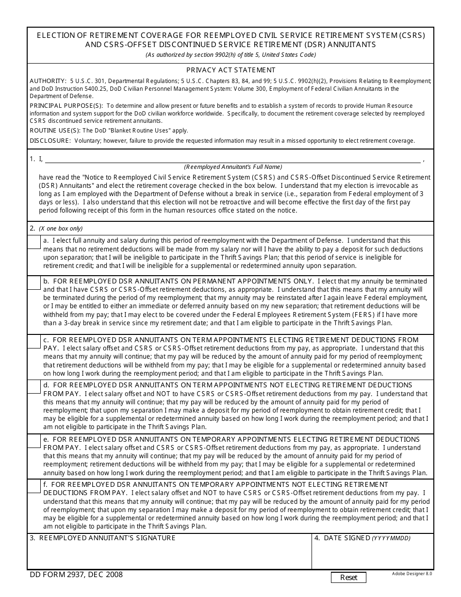 DD Form 2937 Election of Retirement Coverage for Reemployed Civil Service Retirement System (Csrs) and Csrs-Offset Discontinued Service Retirement (Dsr) Annuitants, Page 1