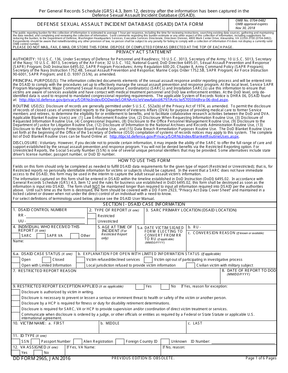 DD Form 2965 Defense Sexual Assault Incident Database (Dsaid) Data Form, Page 1