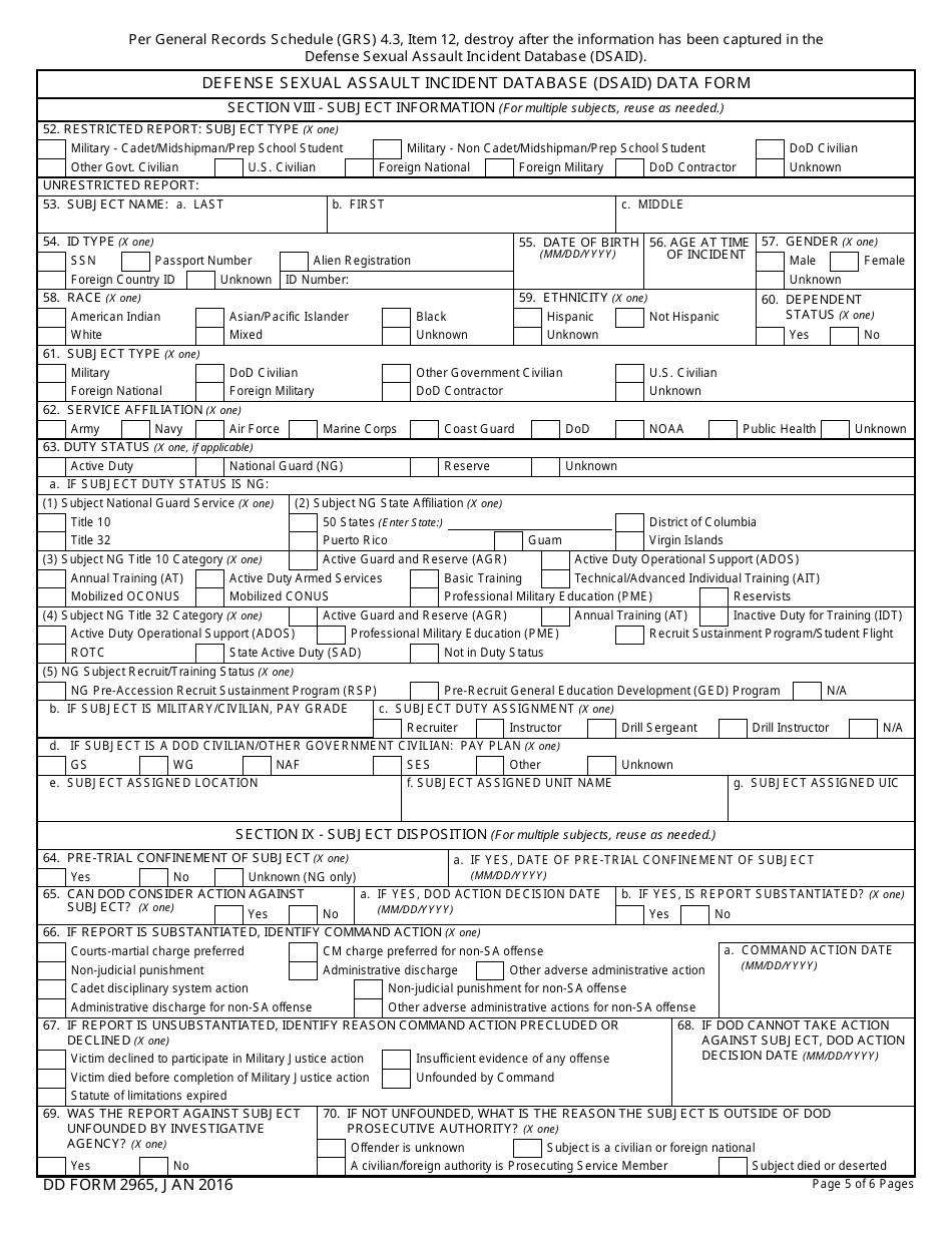 DD Form 2965 Defense Sexual Assault Incident Database (Dsaid) Data Form, Page 5