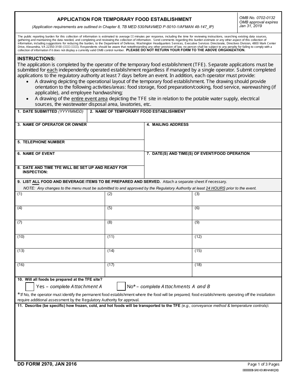 DD Form 2970 Application for Temporary Food Establishment, Page 1