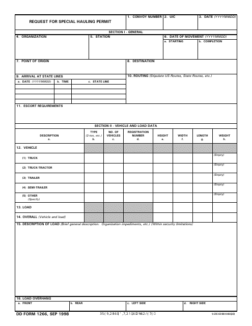 DD Form 1266 Request for Special Hauling Permit