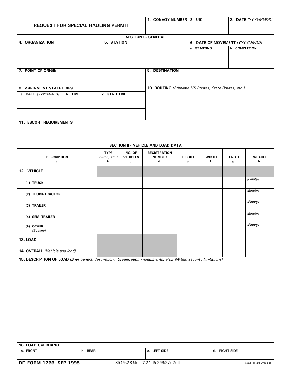 DD Form 1266 Request for Special Hauling Permit, Page 1