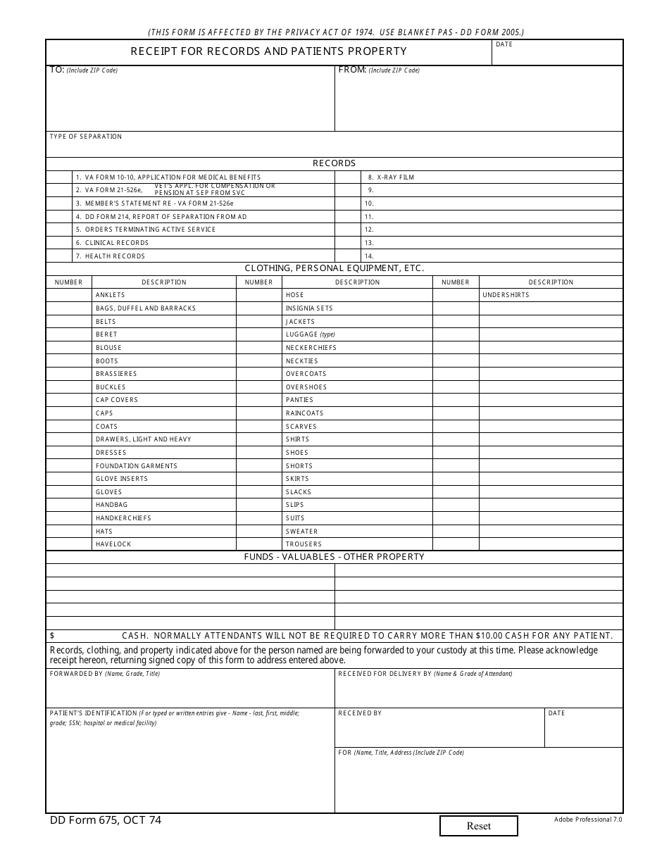 DD Form 675 Receipt for Records and Patients Property, Page 1