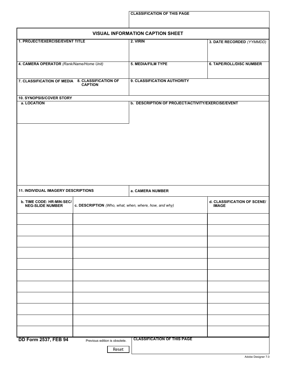 DD Form 2537 Visual Information Caption Sheet, Page 1
