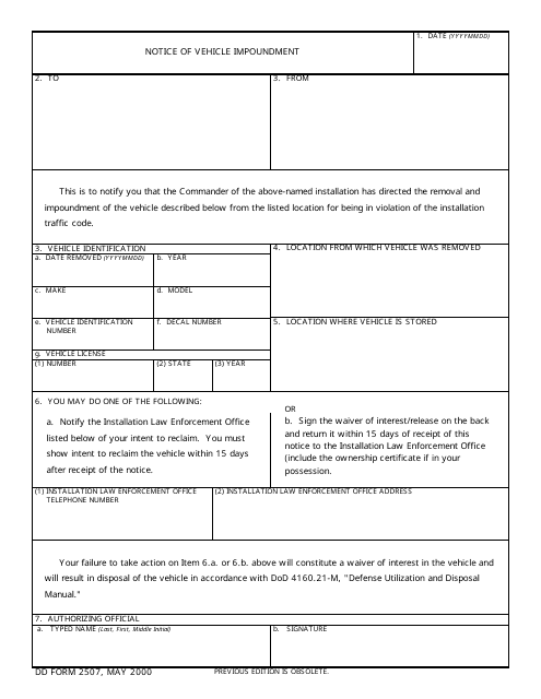 DD Form 2507 Notice of Vehicle Impoundment