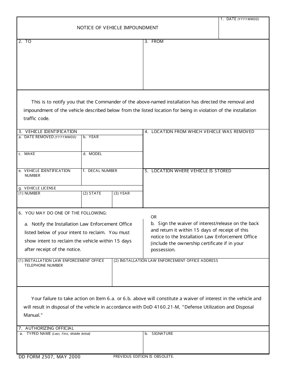 DD Form 2507 Notice of Vehicle Impoundment, Page 1