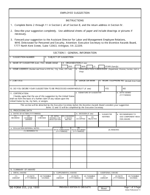DD Form 355 Employee Suggestion