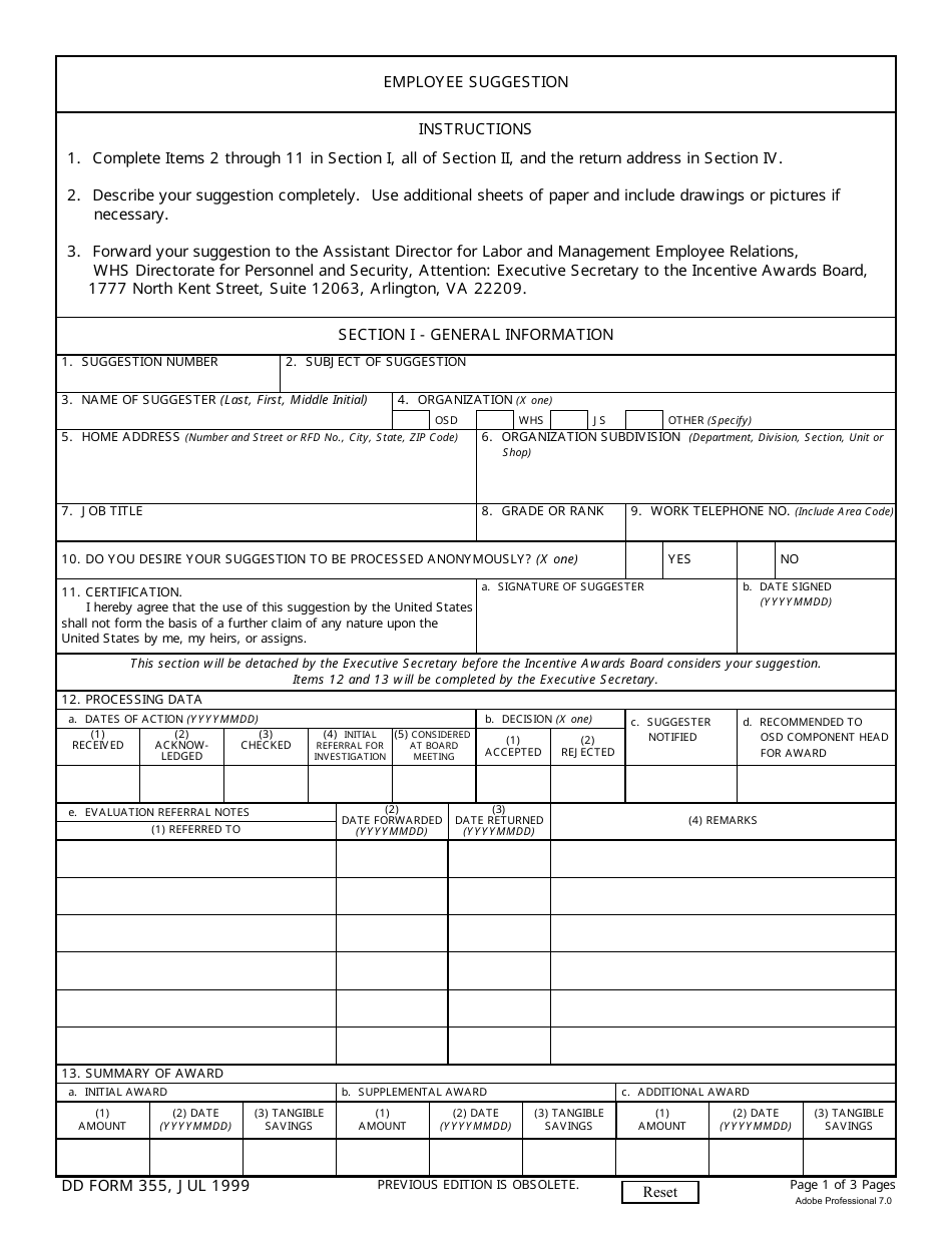 DD Form 355 Employee Suggestion, Page 1