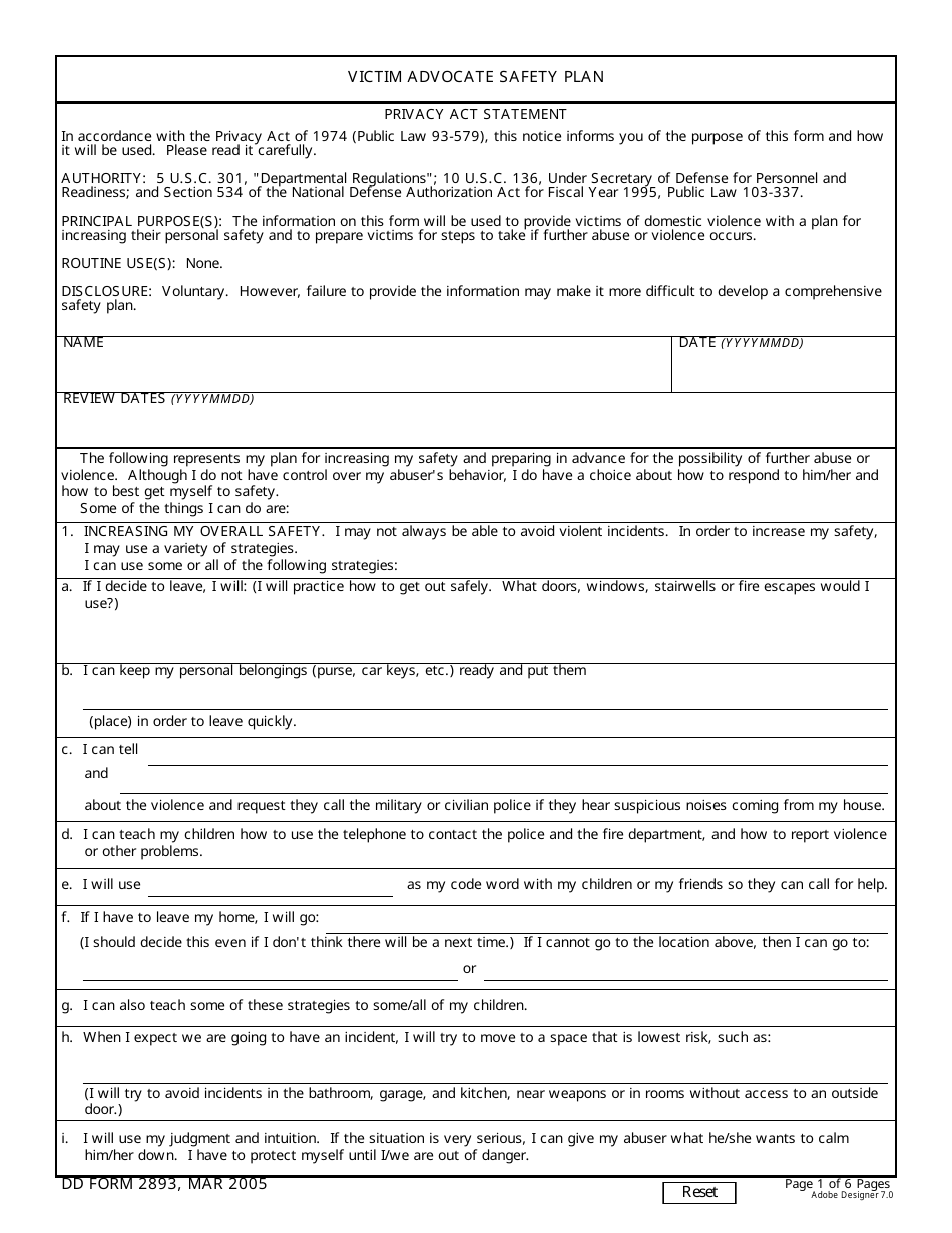 DD Form 2893 Victim Advocate Safety Plan, Page 1