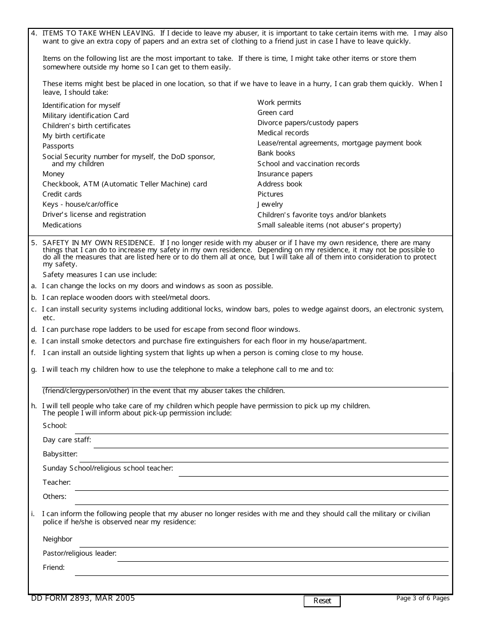 DD Form 2893 Victim Advocate Safety Plan, Page 3