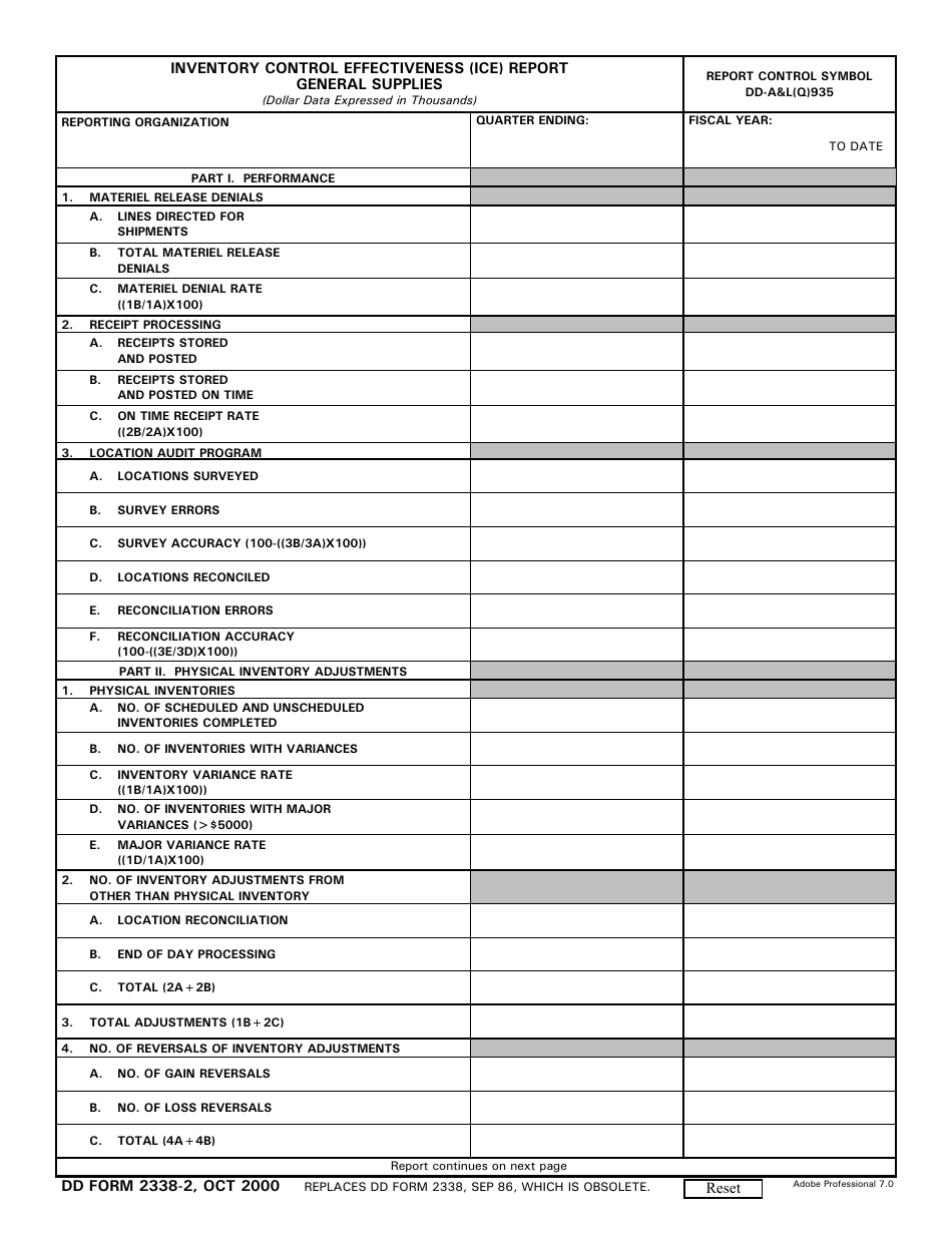 DD Form 2338-2 Inventory Control Effectiveness (ICE) Report General Supplies, Page 1