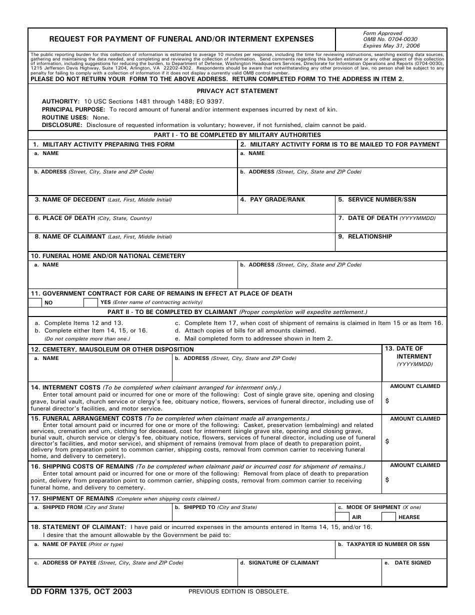 DD Form 1375 Request for Payment of Funeral and / or Interment Expenses, Page 1