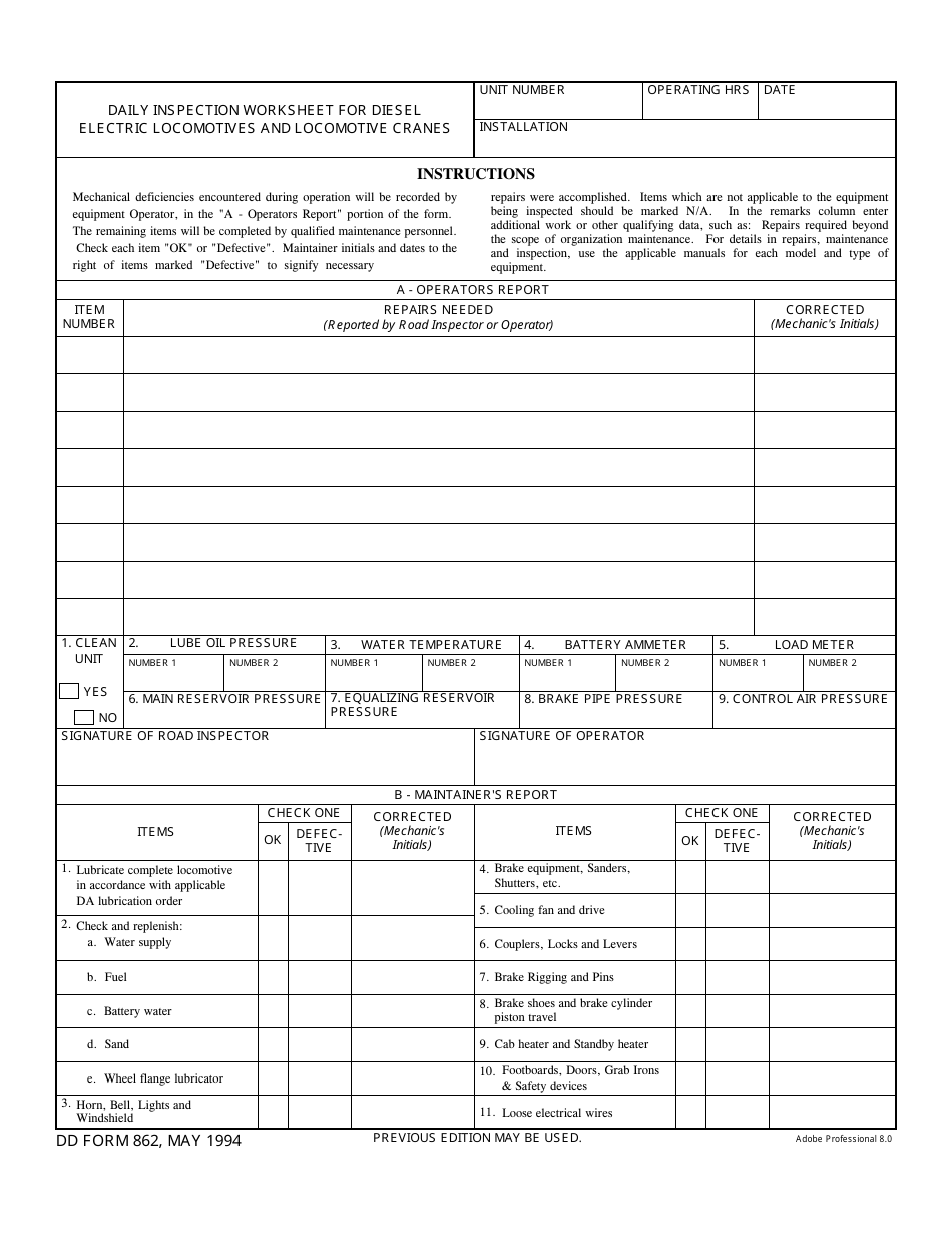 DD Form 862 Daily Inspection Worksheet for Diesel Electric Locomotives and Locomotive Cranes, Page 1