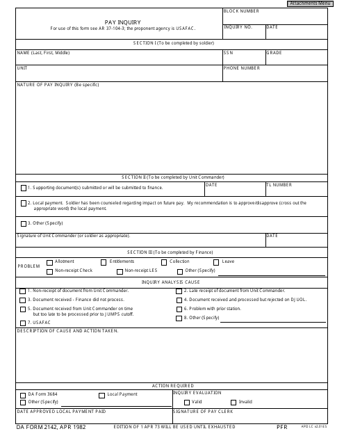 DA Form 2142  Printable Pdf