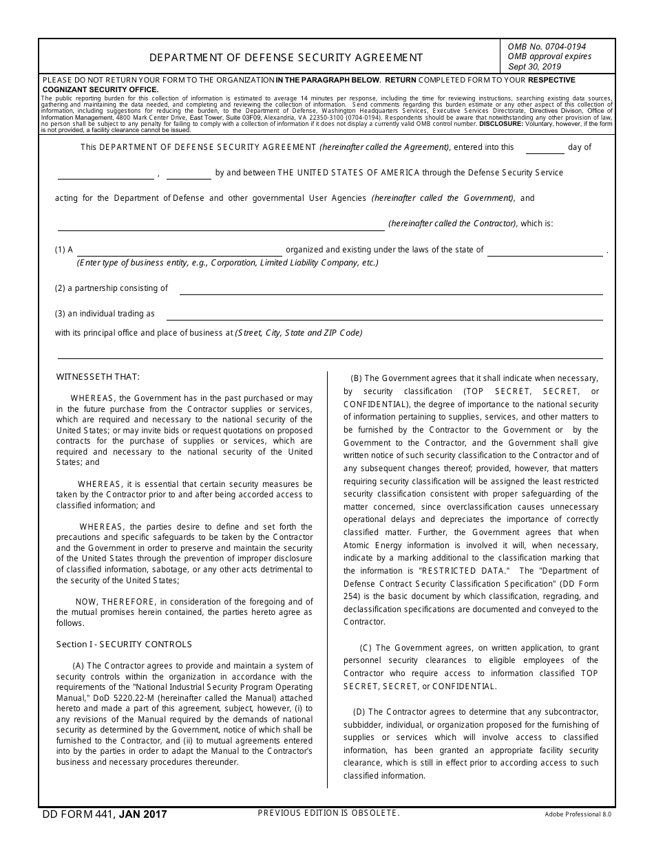 DD Form 441 Department of Defense Security Agreement, Page 1