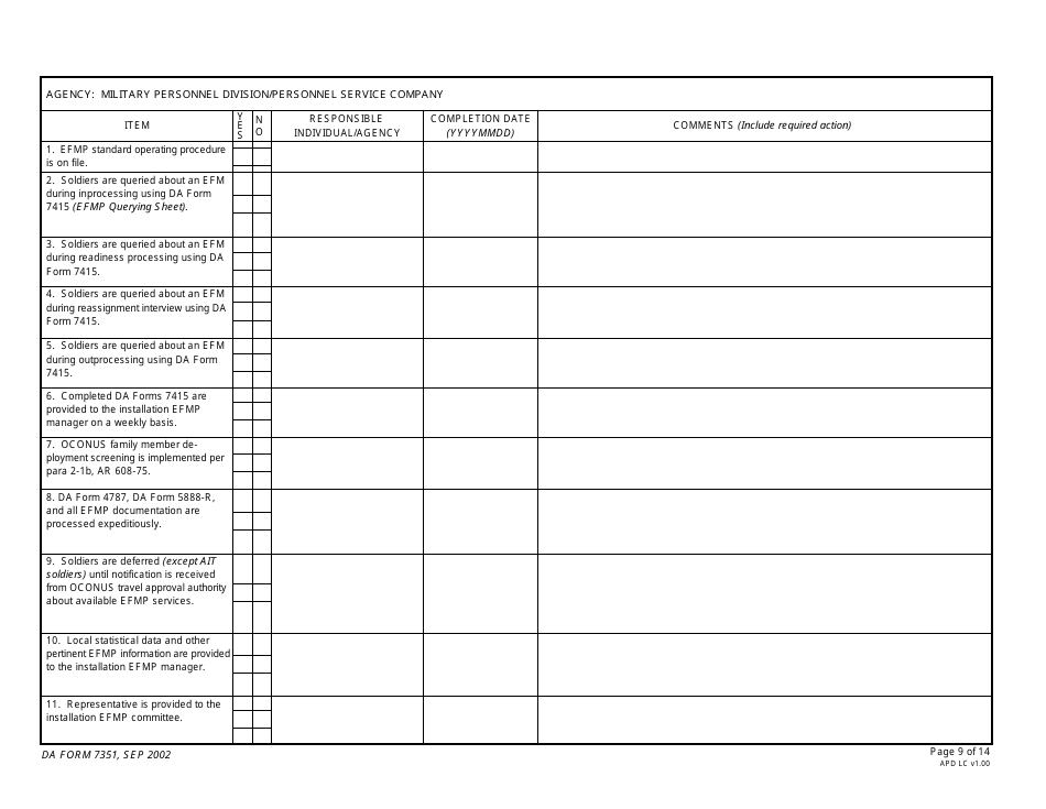 DA Form 7351 Exceptional Family Member Program (EFMP) Assessment Guide, Page 9