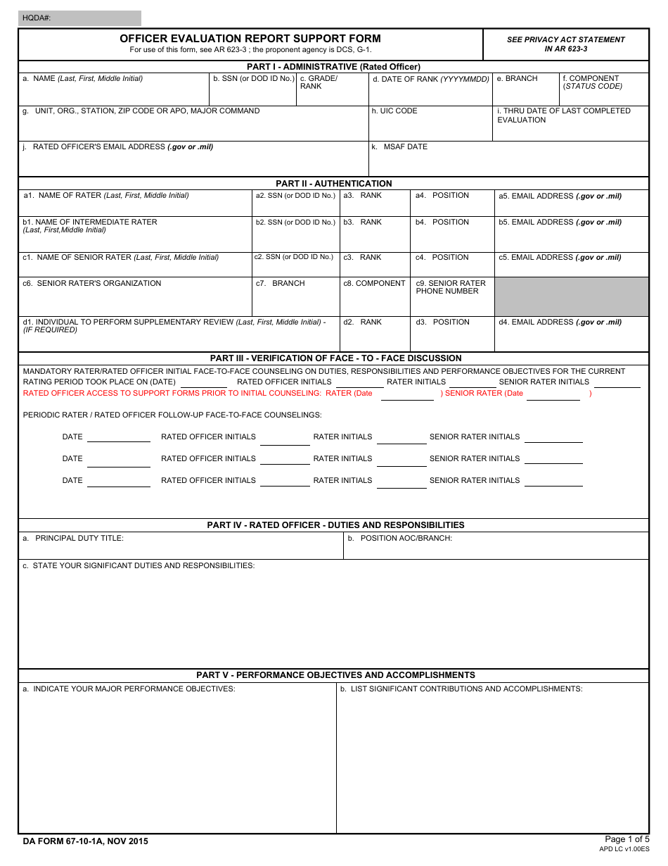 DA Form 67-10-1A Officer Evaluation Report Support Form, Page 1