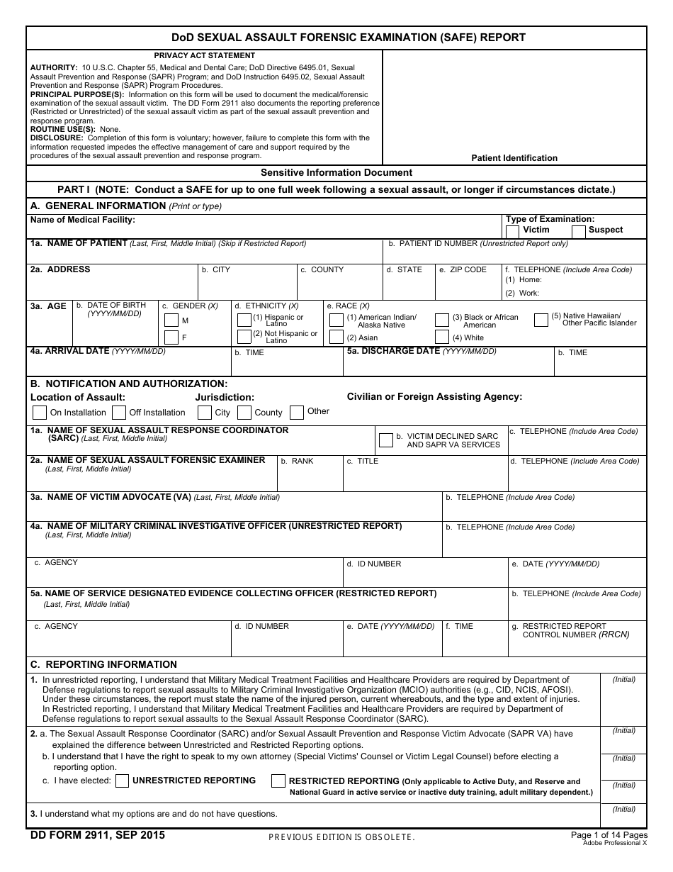 DD Form 2911 DoD Sexual Assault Forensic Examination (Safe) Report, Page 1