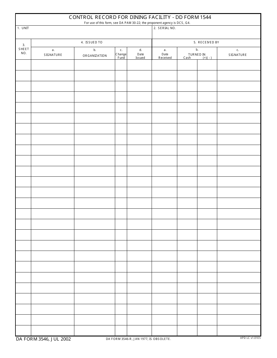 DA Form 3546 Control Record for Dining Facility - DD Form 1544, Page 1