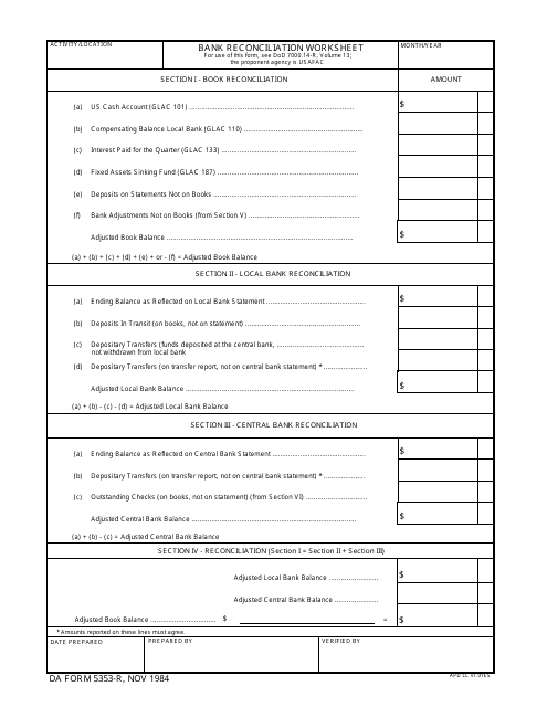 DA Form 5353-R Bank Reconciliation Worksheet