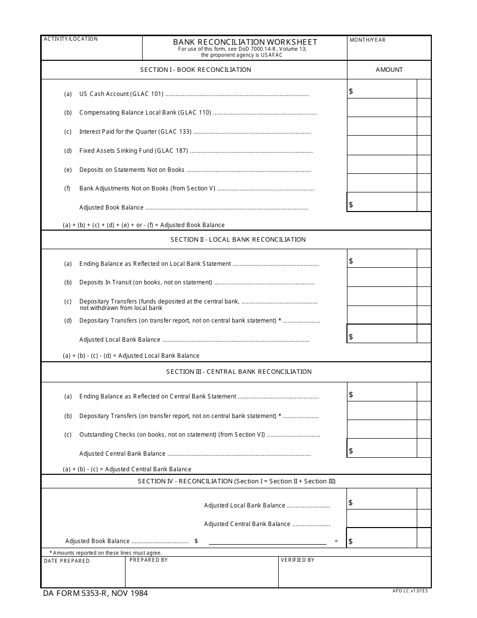 DA Form 5353-R Bank Reconciliation Worksheet, Page 1