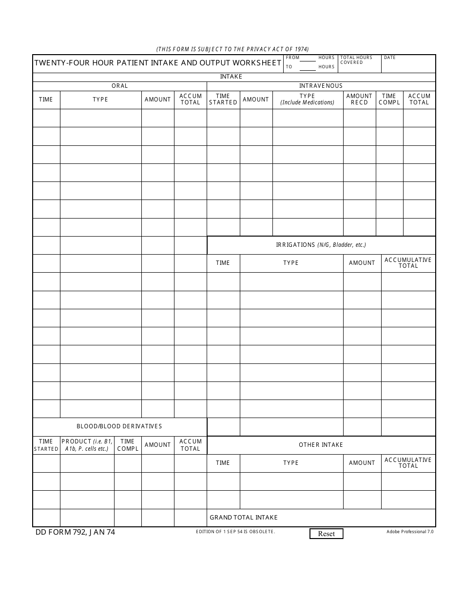DD Form 792 Wenty-Four Hour Patient Intake and Output Worksheet, Page 1