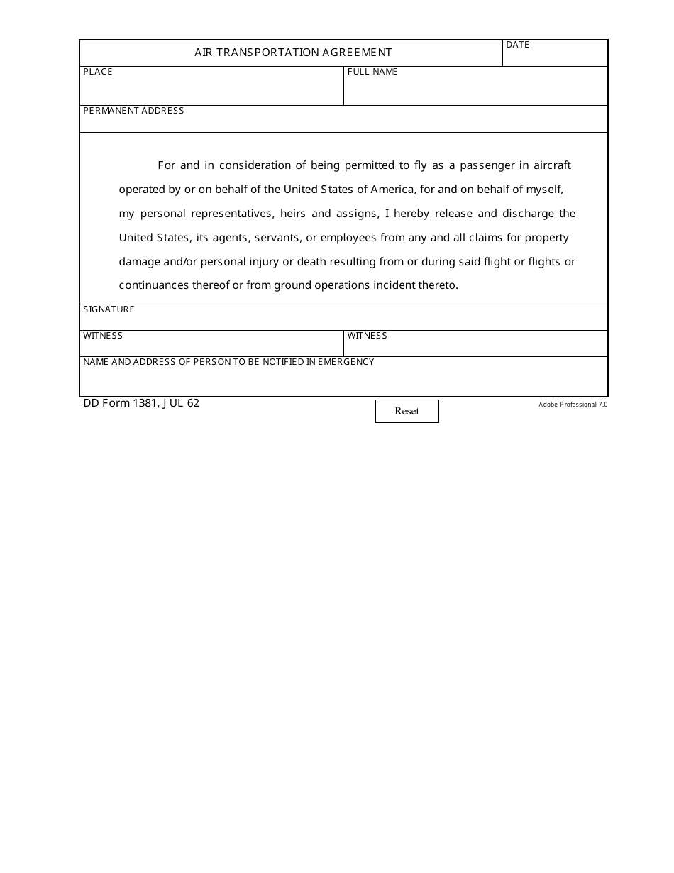 DD Form 1381 Air Transportation Agreement, Page 1
