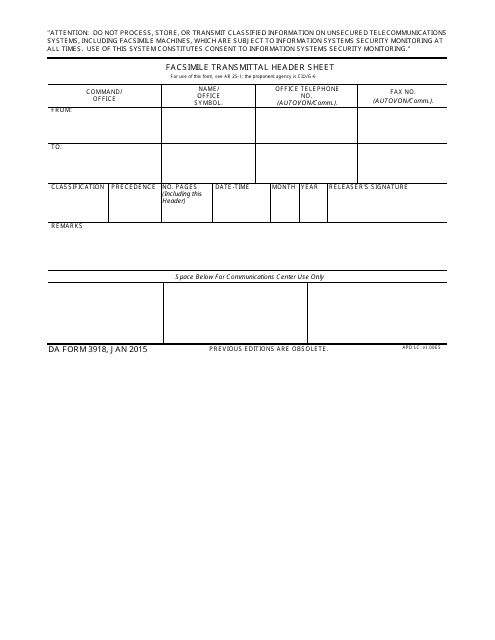 DA Form 3918 Download Fillable PDF, Facsimile Transmittal Header Sheet ...