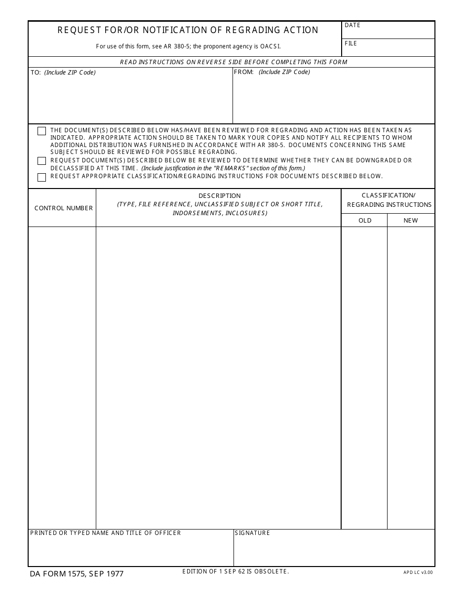 DA Form 1575 Request for / Or Notification of Regrading Action, Page 1