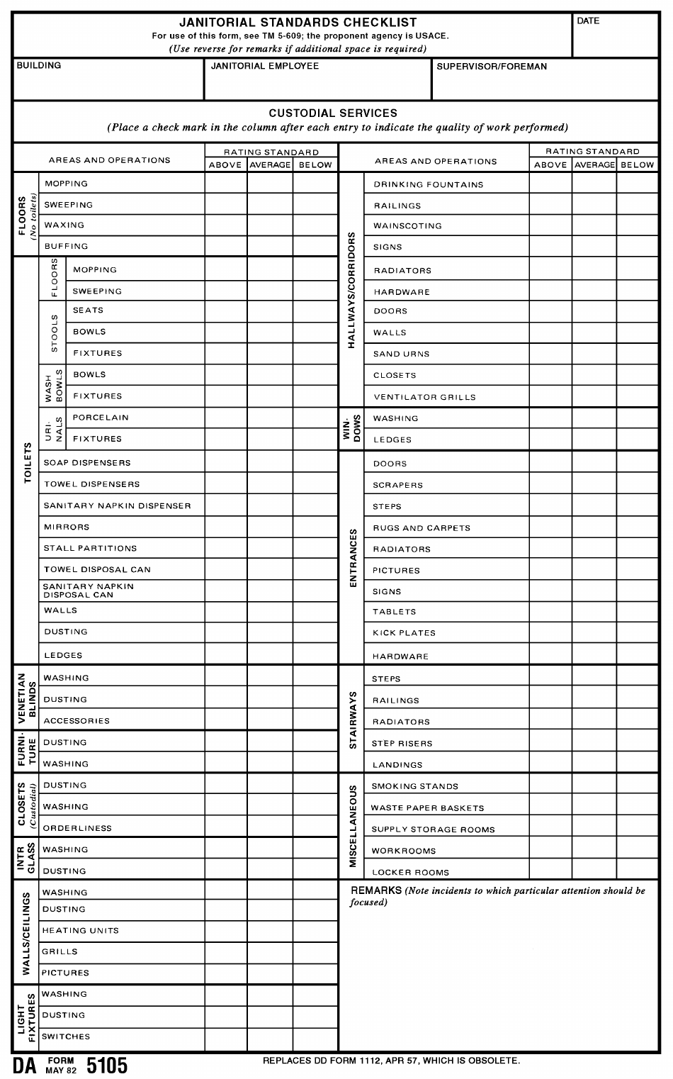 DA Form 5105 Janitorial Standards Checklist, Page 1