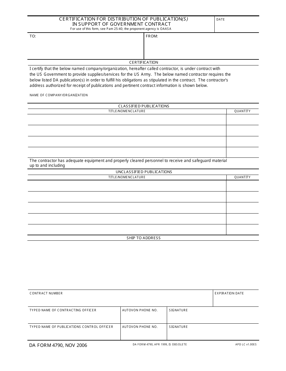 DA Form 4790 Certification for Distribution of Publication(S) in Support of Government Contract, Page 1